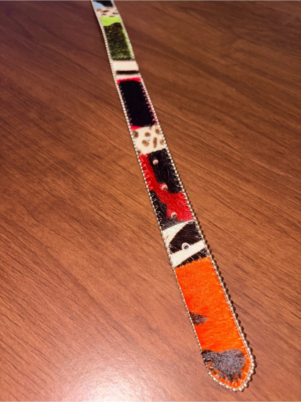 Cache 90s Y2K Rainbow Calf Hair Belt Mix Animal Print Beaded Edge Silver Buckle